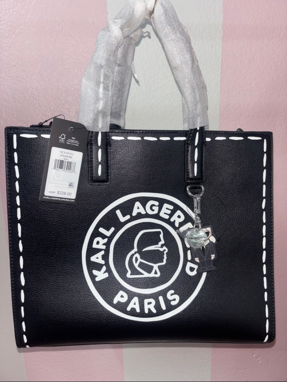 Karl Lagerfeld Black and White Logo Tote with Charm